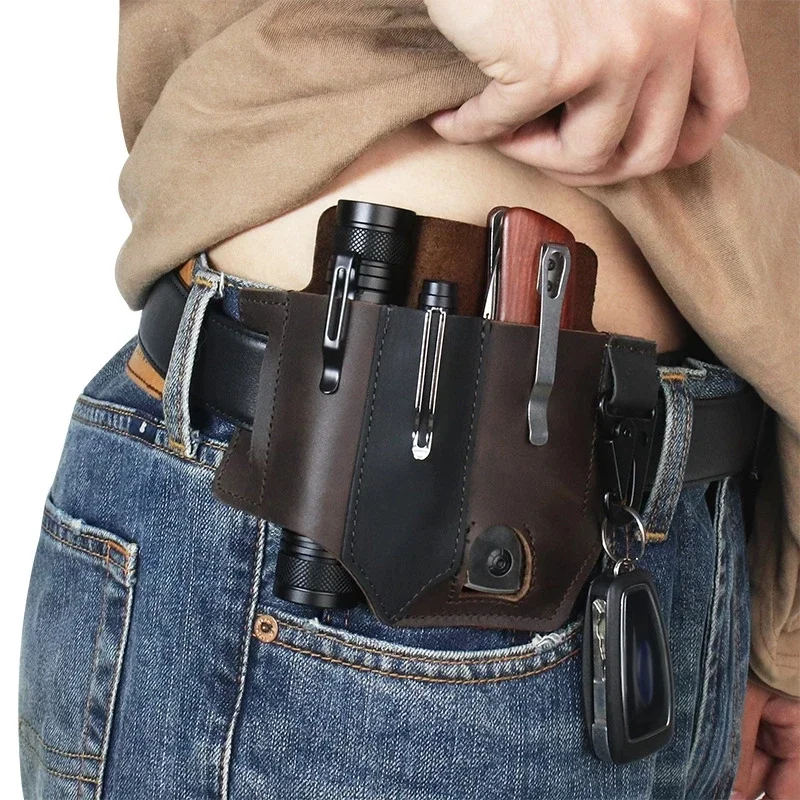 EDC 야외 가죽 도구 칼 칼집 주머니 Multitools 홀더 필수 주최자 벨트 파우치 포켓 사냥 전술 손전등