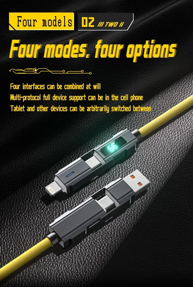 4 in 1 USB C Data Cable Digital Display Silicone for Iphone PD 66W Zinc Alloy Fast Charging Cable Line Type C with LED Design