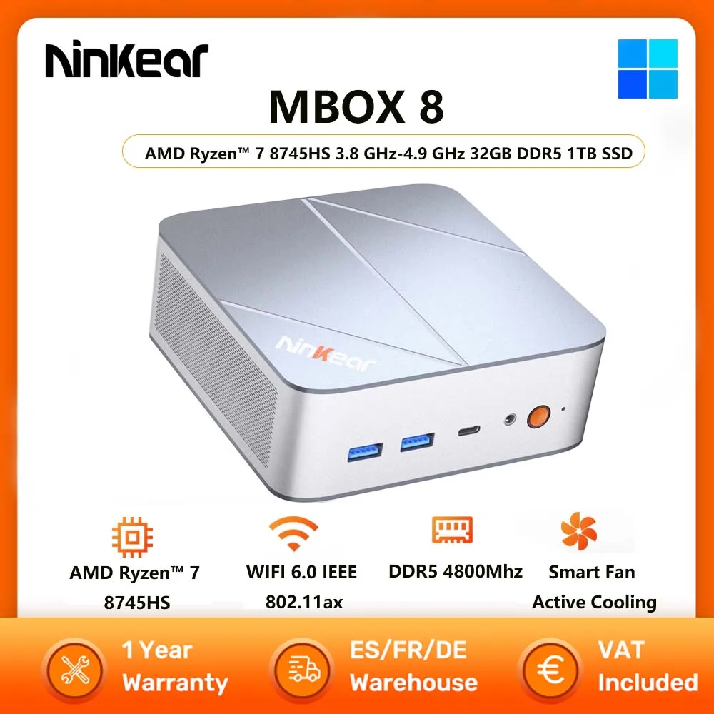TRIGKEY R8 Mini PC, Ryzen 7 8745HS (8C/16T, fino a 4,9 GHz), 32 GB di RAM DDR5, 1 TB di SSD PCle4.0, supporto mini computer R8 4K a 144 Hz, triplo display