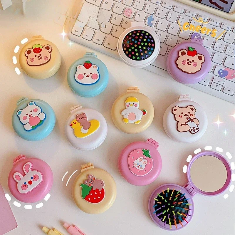 

Cute Cartoon Macaron Folding Hair Comb Portable Folding Comb Kawaii 2 in 1 Folding Comb with Small Mirror Baby Makeup Supplies