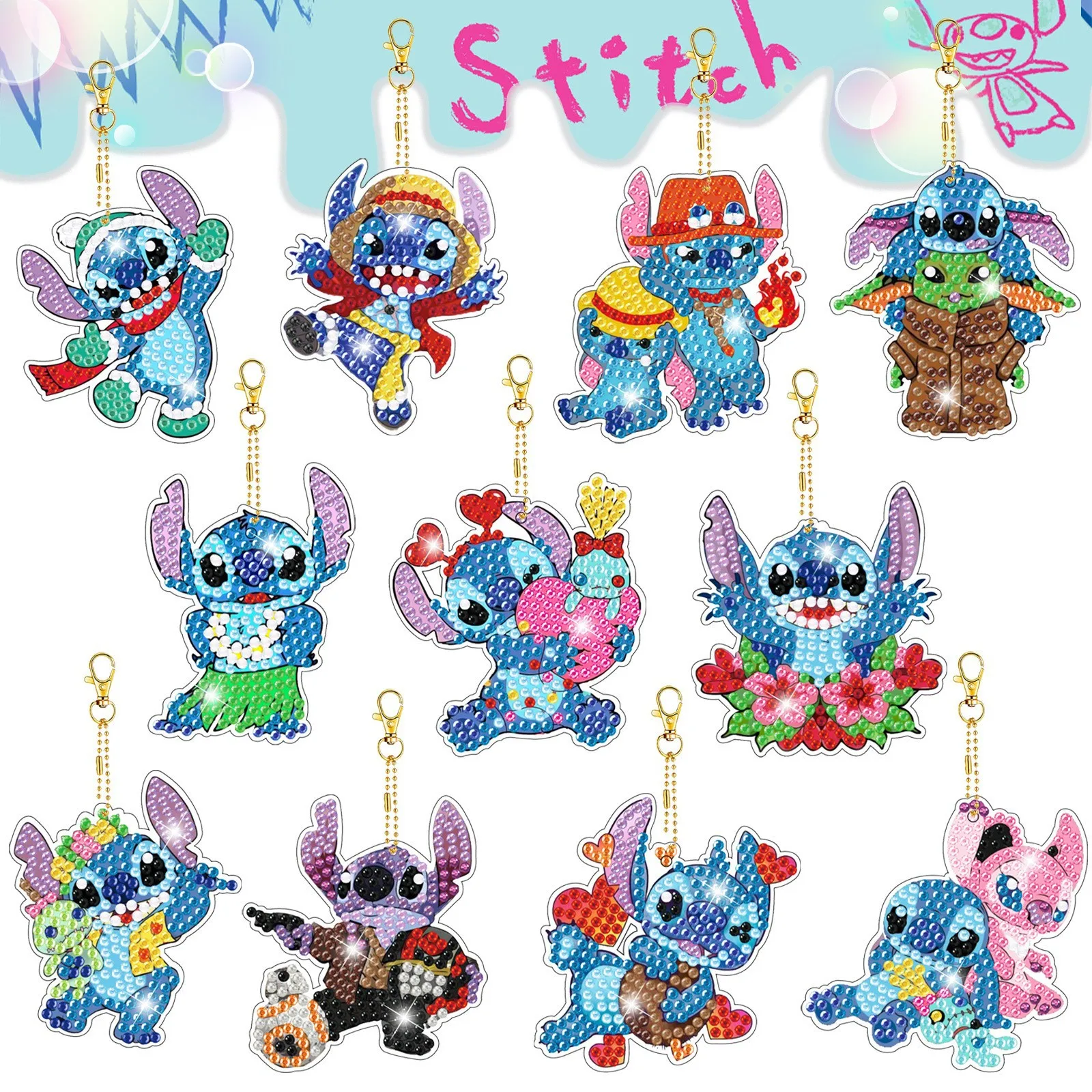 

Cartoon Hello Kitty Stitch 5D Stickup Drill Embroider Keychains Small Pendant DIY Diamond Handmade Material Packs Trimmings Gift