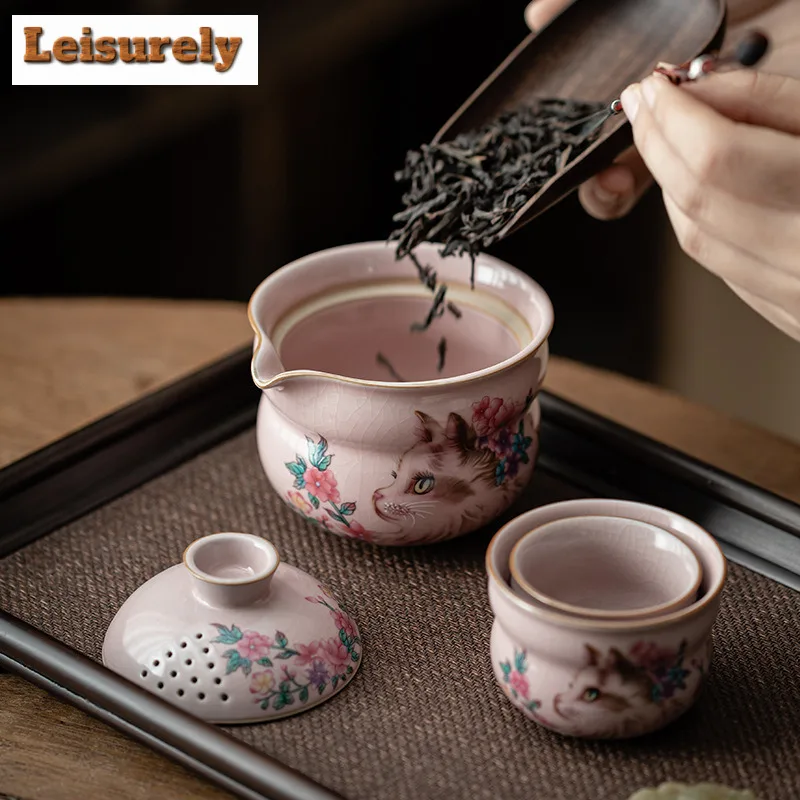 Pink Ru Kiln Flower Cat Gourd Travel Tea Set Kit Luxury 1 Pot 2 Cups Tea Making Organizer Portable Outdoor Handbag Collection