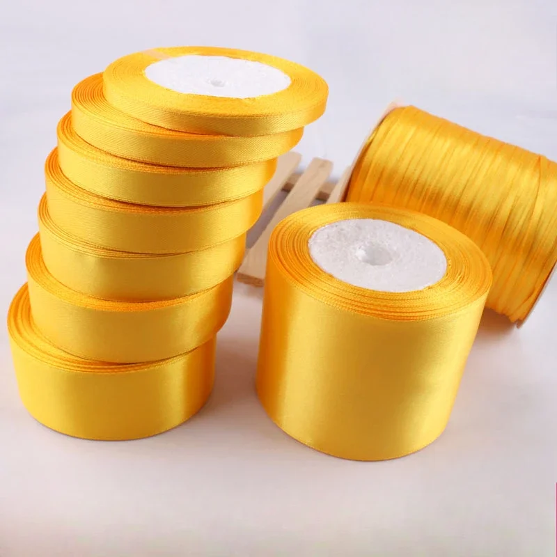 Gold Yellow Satin Ribbon 0.6/1/1.2/1.5/2/2.5/4/5cm Handmade DIY Bow Crafts Packing Christmas Halloween Decoration