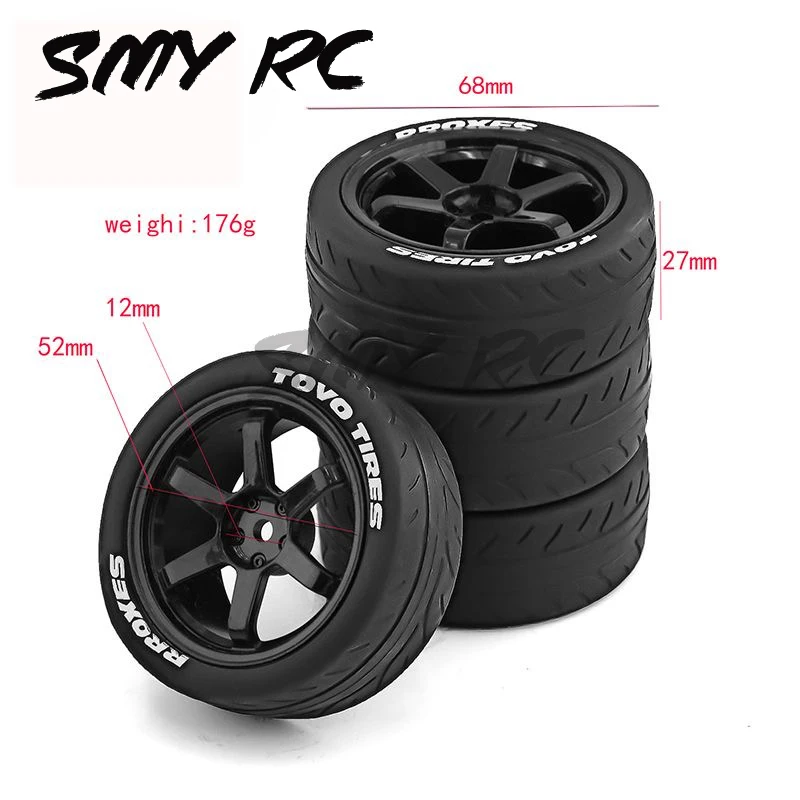 thumbnail image 2 of 4-Pack 1:10 RC Car Tires With 12mm Hex Wheels - Compatible With TT01 TT02 XV01 Models 2 of 13
