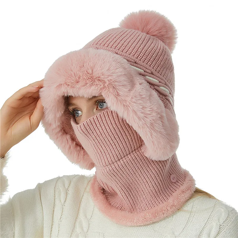 

Knitted Hat Pompom Plush Ears Protection Solid Color Autumn Winter Women Face Cover Neck Gaiter Warmer Beanie Cap for Ski
