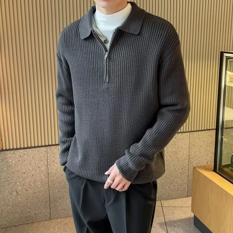 2024 Spring Half Zip Knitted Sweater Men Long Sleeved Casual Sweater Lazy Style Lapel Knitwear Tops Streetwear Men Clothing