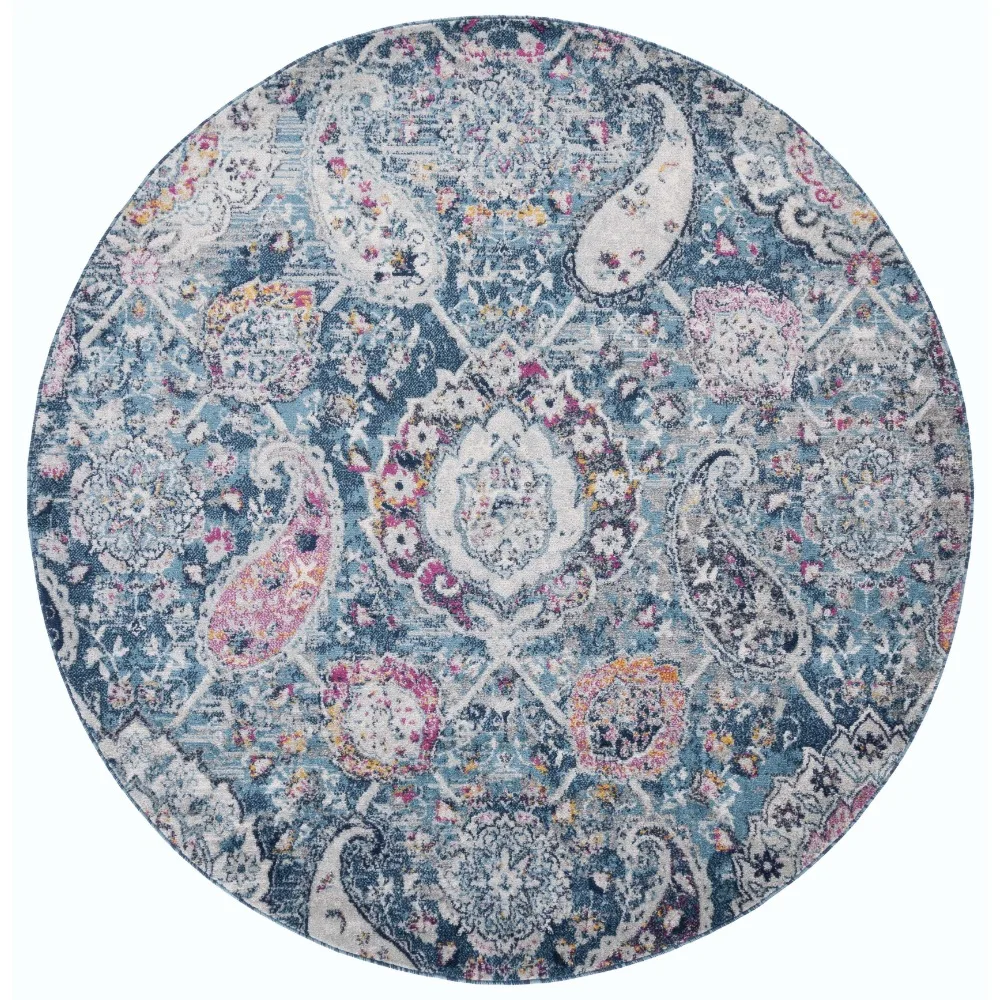 

Madison Hope Floral Paisley Area Rug Room Decor Blue/Grey Bedrooom Carpet 6'7" X 6'7" Round Freight Free Decoration Home Textile