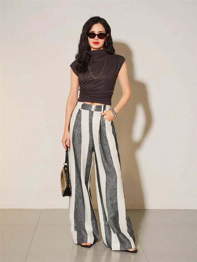 

Черно-белые комбинированные льняные повседневные брюки с широкими штанинами темпераментные модные Универсальные женские брюки в полоску Новинка лета 2024