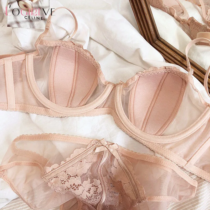 Logirlve New French Lingerie Summer Ultra Thin Lace Sexy Push Up Bra Set Ladies Bra Deep V High Quality Lace Women Lingerie Set