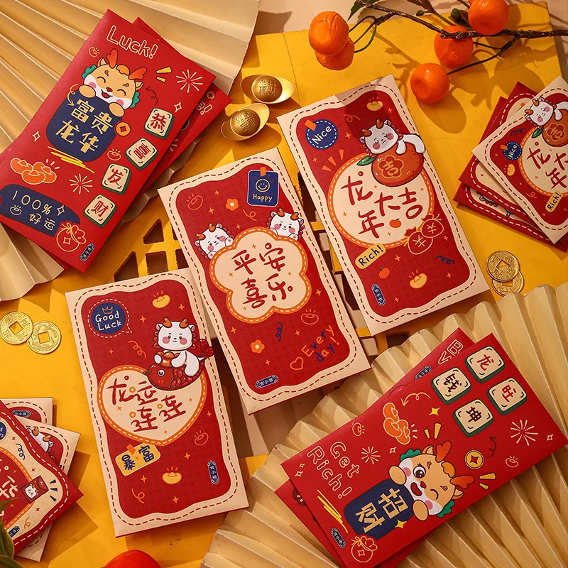 

30pc (6pc/packs) 2024 New Spring Festival Red Envelope Fun Cartoon Zodiac New Year Creative Paper Envelope