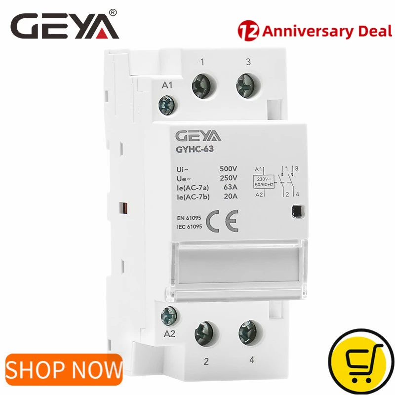 Contacteur Modulaire Domestique 2P GYHC-63 AC230V - 1NO+1NC, 63A, Pour Rail DIN, Télécommande Éclairage Chauffage