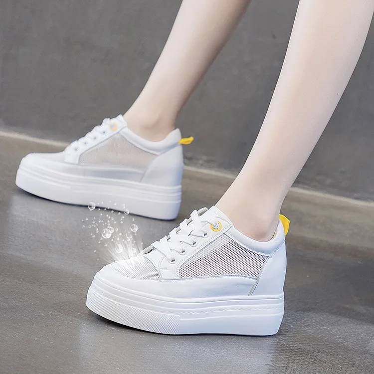 8cm Genuine Leather Women's Platform Wedge Sneakers - true deals club