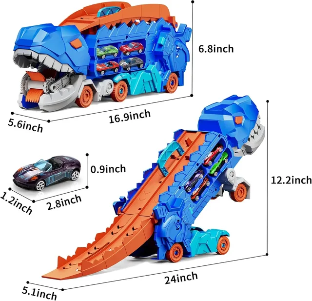 Transport Dinosaur Hauler Truck Foldable Sliding 25 Inch Race Track Transforms into Standing T-rex with 4 Die-cast Cars Toy Kids 6