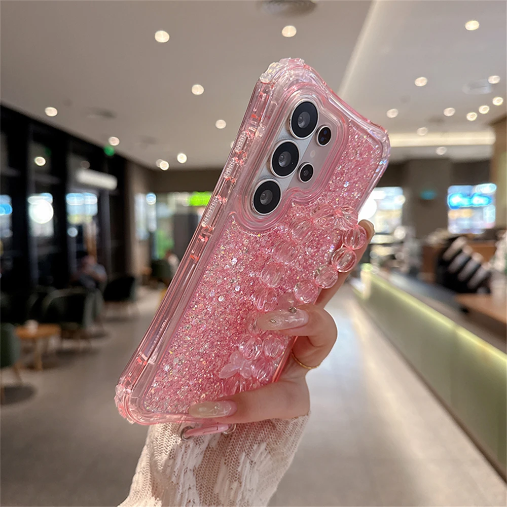 Luxury 3-in-1 Bling Glitter Shockproof Phone Case with Lens Protection and Lanyard