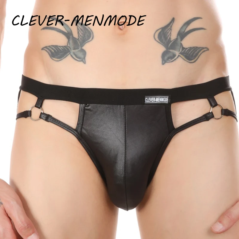 Men's Sexy PU Underwear Faux Leather Briefs U Convex Thong Bulge Penis Pouch Backless Bikini Open Butt Jockstrap Fetish Lingerie