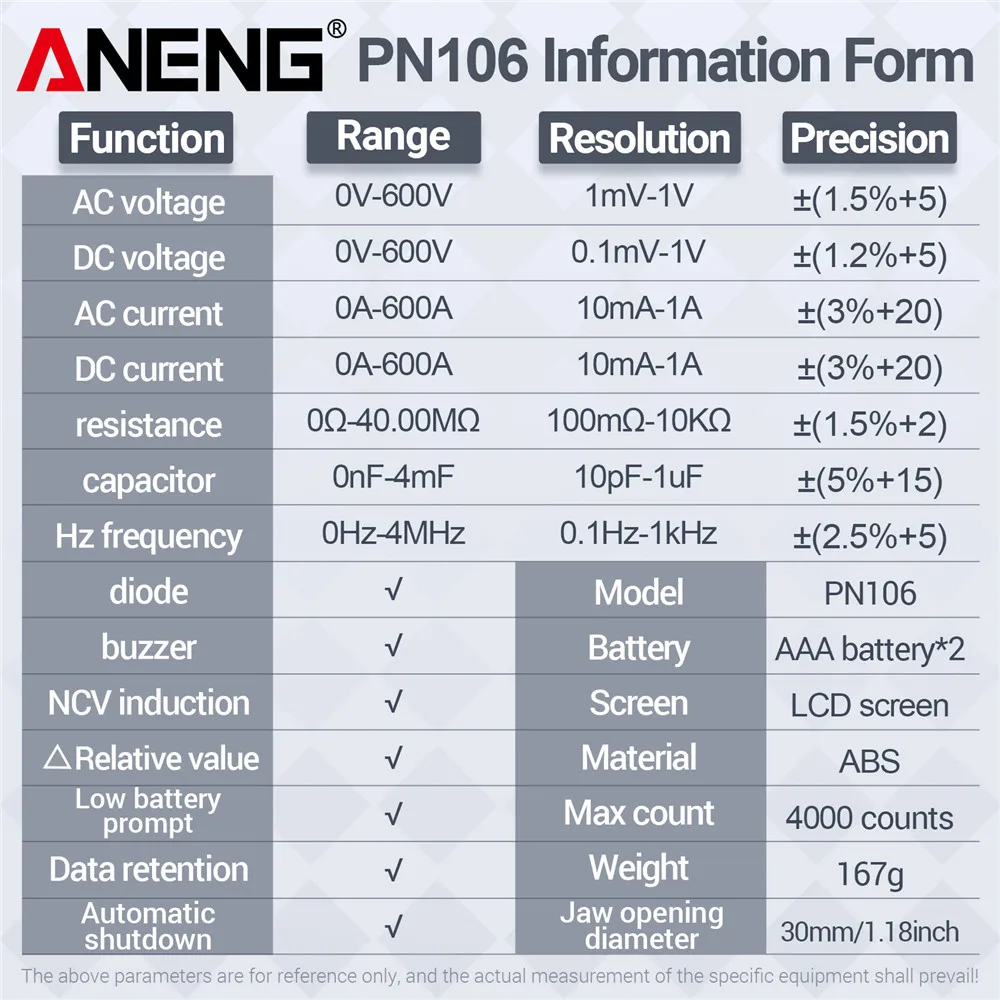 ANENG PN106 Clamp Meter Multimeter AC/DC Voltage Current Resistance Capacitor NCV Induction True RMS Electrician Meter Test Tool