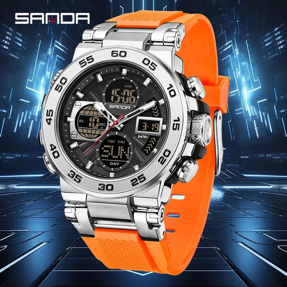 SANDA 6312 Fashion Popular Men's Watch Multi functional Large Dial Waterproof Electronic Quartz Watch Dual Display Student Watch view 3