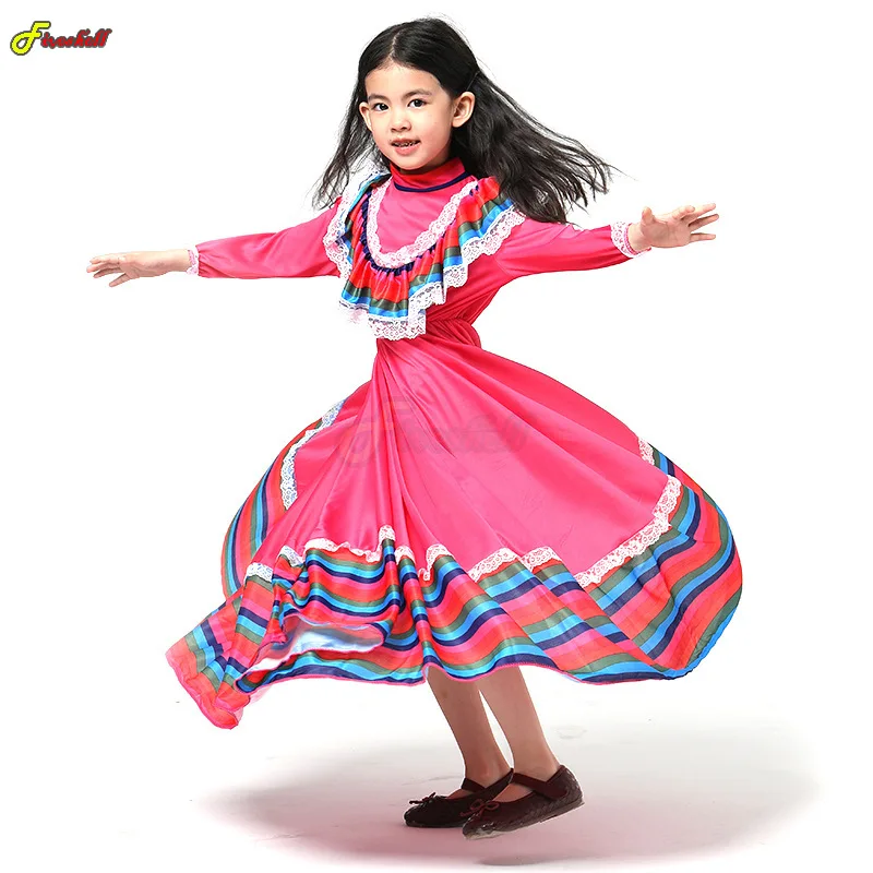 

Girls Cosplay Traditional Folk Mexican Lace Red Dress Guadalajara Mexico Folk Dancer Costume Kids Children Fancy Long Dress