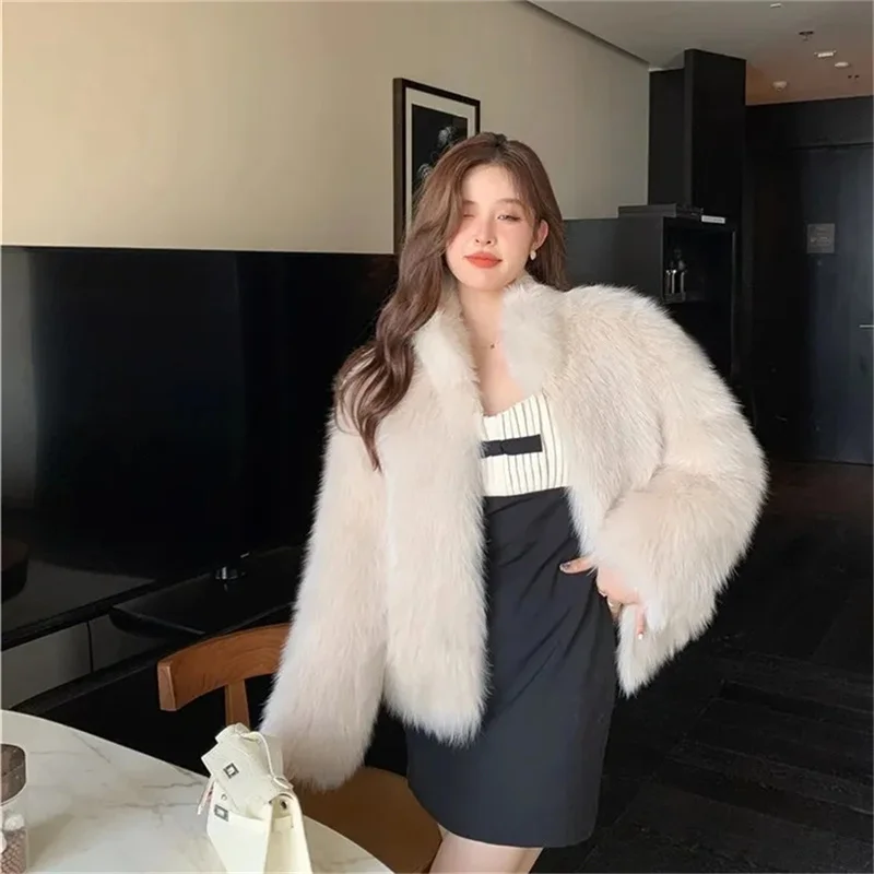 2024 New Imitate Fox Hair Environmental Protection Fur Autumn/Winter Stand Collar Short Fur Coat Women's Thick Warm Jacket Brown