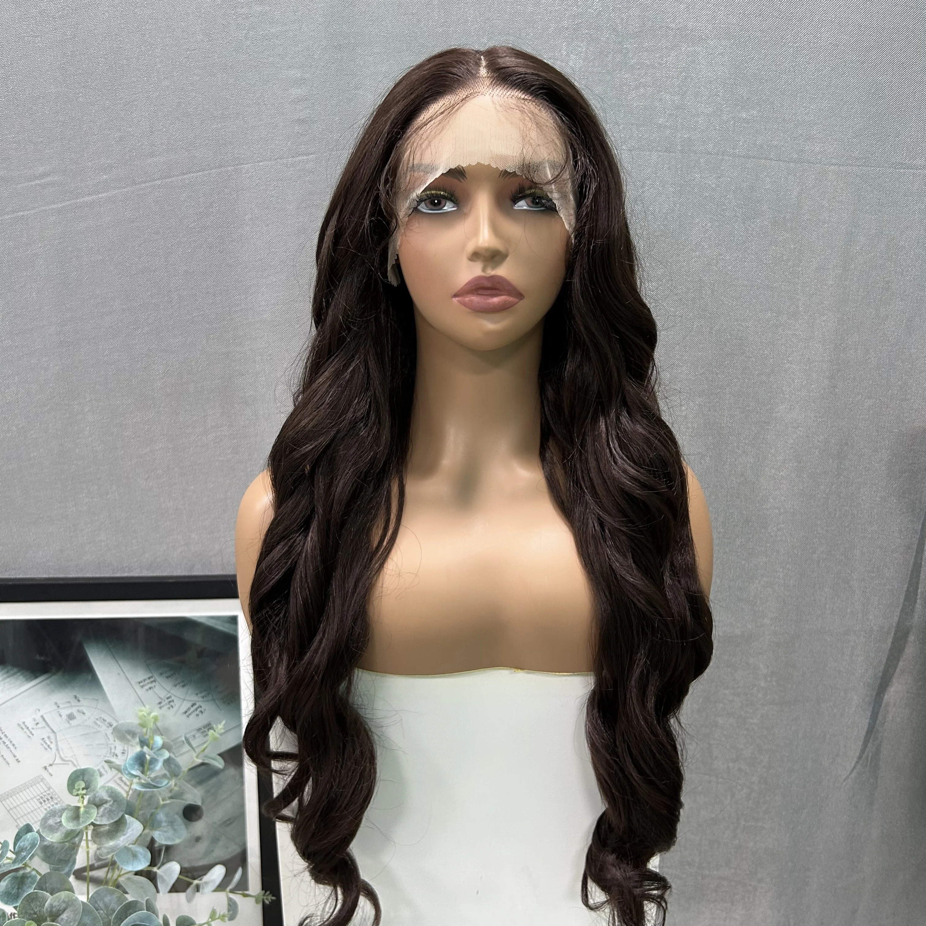 X-TRESS Brown Wigs Elegant 28 inch Long Body Wave Synthetic Lace Front Wig for Black Women Breathable Natural Hairline Lace Wigs