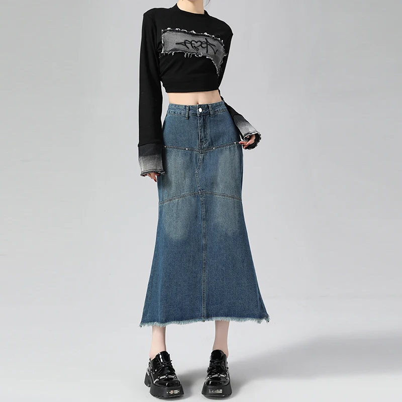 

Women‘’s Raw Edge Fishtail A-line Mid-calf Denim Skirt Vintage Street Style American Streetwear Female High Waist Long Skirt