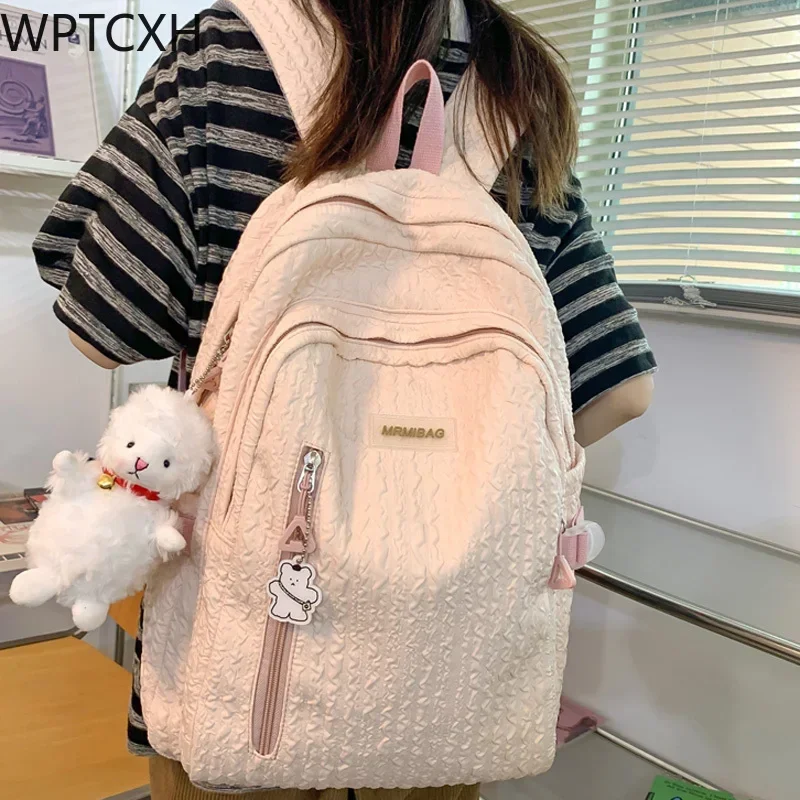 

New Nylon Women Backpack Female Solid Color Large Capacity Travel Bag Preppy Multiple Pockets Schoolbag Teenage Girl Bookbag