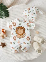 New Baby Boy Casual Cute Cartoon Lion Pattern Round Neck Short Sleeve Hoodie with Shoulder Buckle, Shorts, And Hat