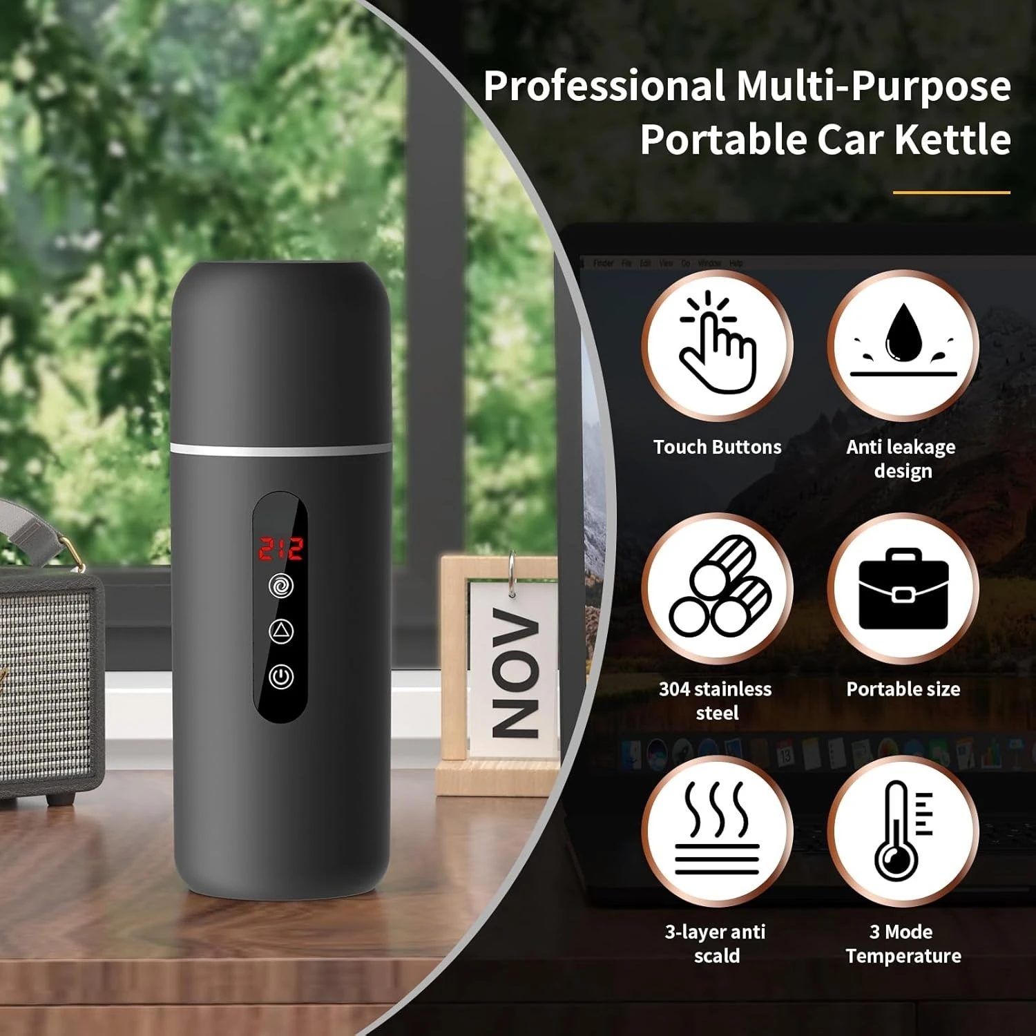 12V 24V Universal Car Kettle 500ml Electric Travel Mug with Temp Control 3 Modes Heating Thermos Cup Stainless Steel for Car