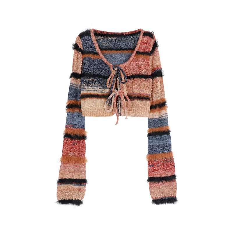 Korean style Spring Autumn New Streetwear Sexy Long-sleeved Cardigan Women Striped Knit Sling Dress Two-piece Suit_voghion.com