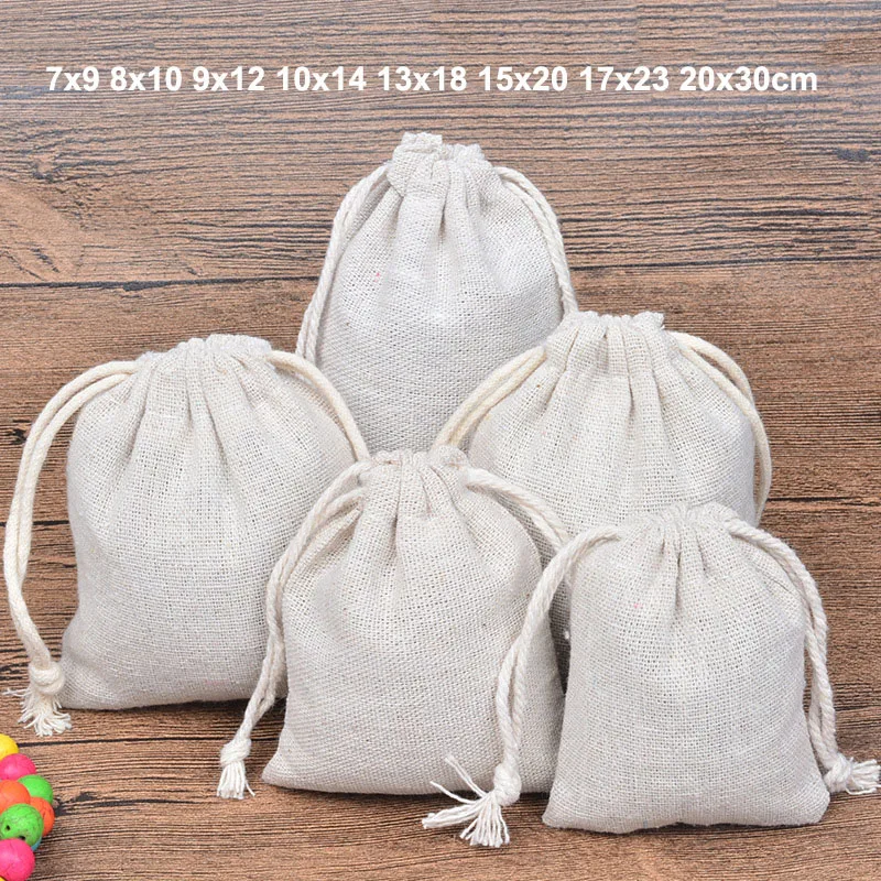 50pcs/Lot Natural Linen Cotton Bags Big Drawstring Gift Pouches Home Storage Christmas Wedding Packaging Bag Custom Print Logo