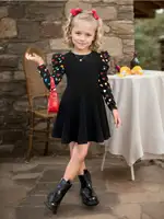 Robe élégante en tricot pour filles, style à manches longues, col rond et volants, imprimé coloré en forme de cœur, style populaire 1