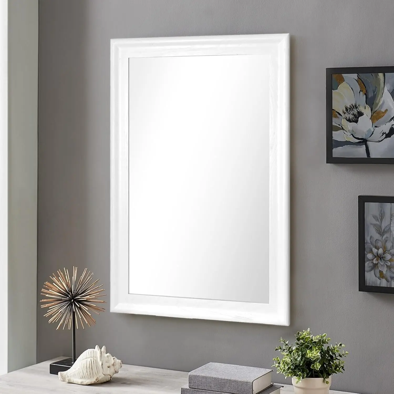 White Bathroom Mirror 20x30 Inch, Wood Wall Mirror with Tempered Glass for Bathroom Living Room Bedroom or Hallway
