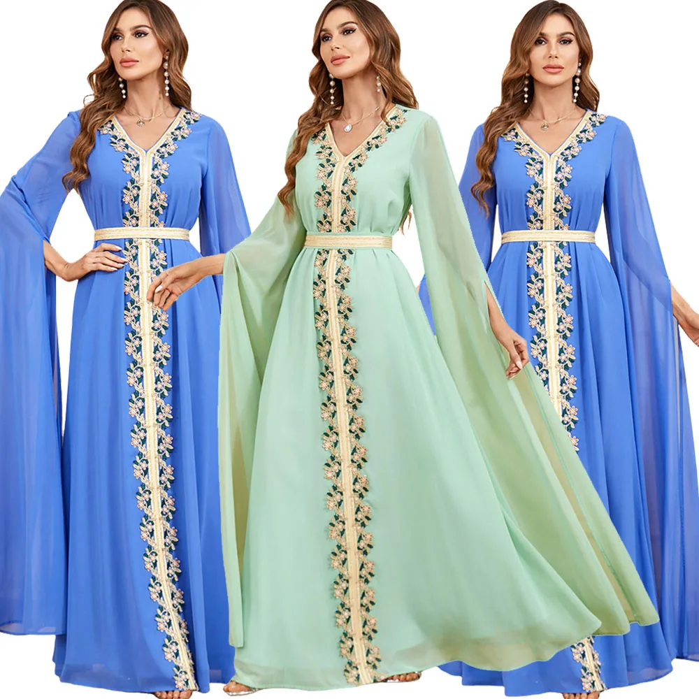 

Luxury Embroidery Dubai Solid Color Women Prom Party Dress 2024 Cape Sleeves Chiffon Moroccan Muslim Evening Formal Gowns Robes