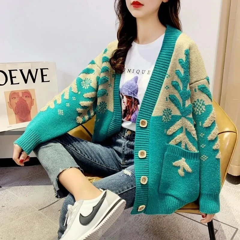 

Women Cardigan Sweater New Female Loose Long Sleeve V-Neck Sweater Coat Ladies Thick Korean Style Lazy Knitted Tops