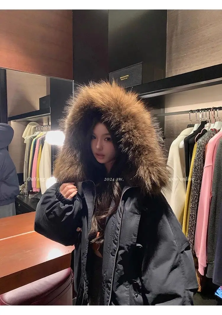YYAHAHAS 2025 Winter New Cow Horn Button Thick Cotton Coat Retro American Warm Fur Collar Hooded Jacket Female Clothing