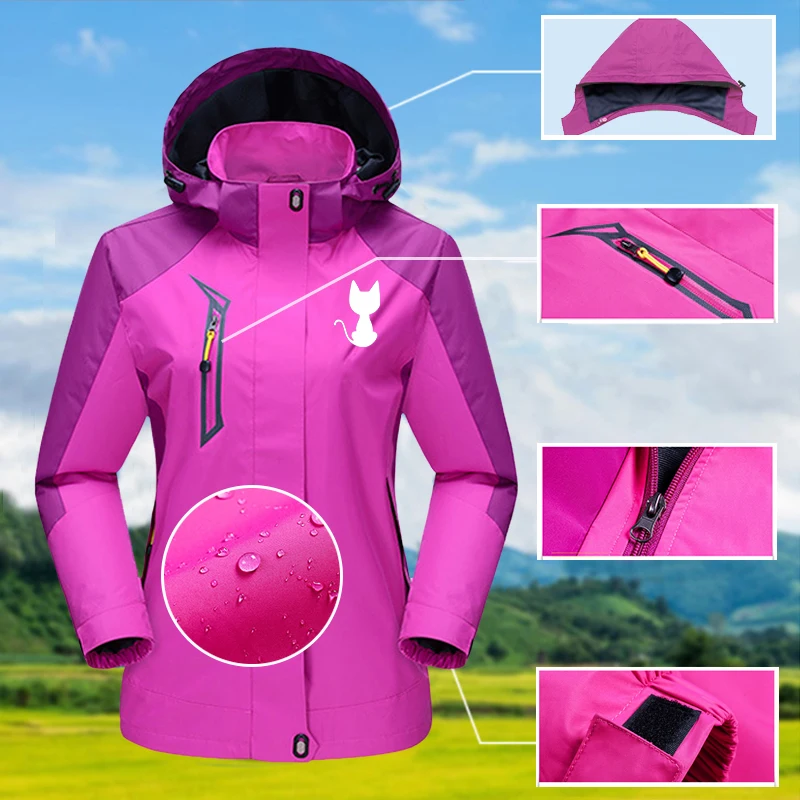 

Водонепроницаемая Женская модная куртка, короткая куртка с принтом кота, ветровка с капюшоном, спортивная одежда для альпинизма, катания на лыжах и активного отдыха