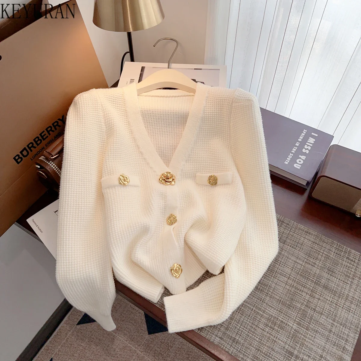 Cropped Gold Button Jumper Women's Knitted Jumper With Gold Button