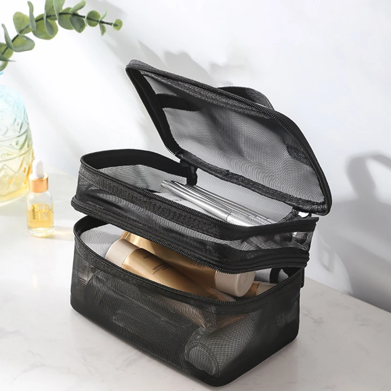 

Портативный дорожный двухслойный органайзер для косметики, прозрачная Складная сетчатая сумка на молнии для хранения, вместительная сумка для макияжа, набор для мытья