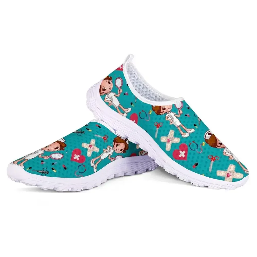 New Cartoon Nurse Doctor Print Women Sneakers Slip On Light Mesh Shoes Summer Breath Flat Shoes Zapatos planos Mujer