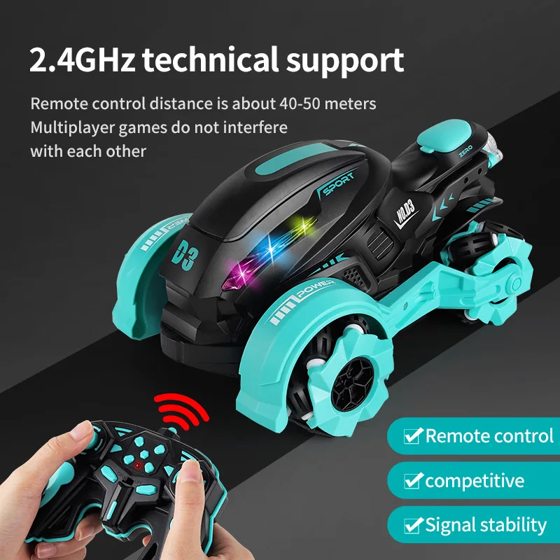 

Rc car 360 degree children spray stunt motorcycle high-speed drift rotating side USB charging off-road remote control car holida