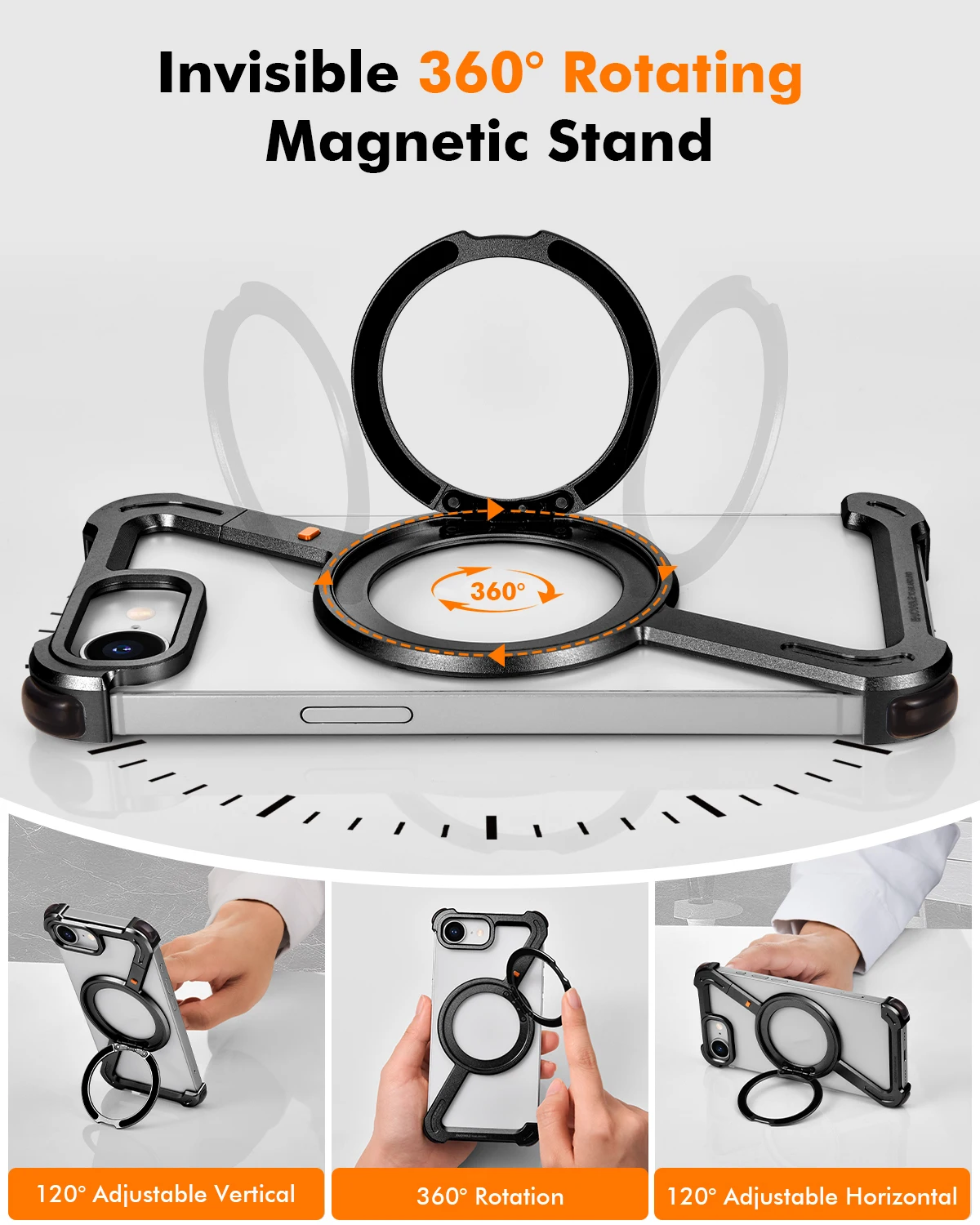 Eary for iPhone 16 E Phone Case Magsafe With 360°Rotate Magnetic Ring Stand Z-Shaped Metal Frameless Shockproof Protector Cover