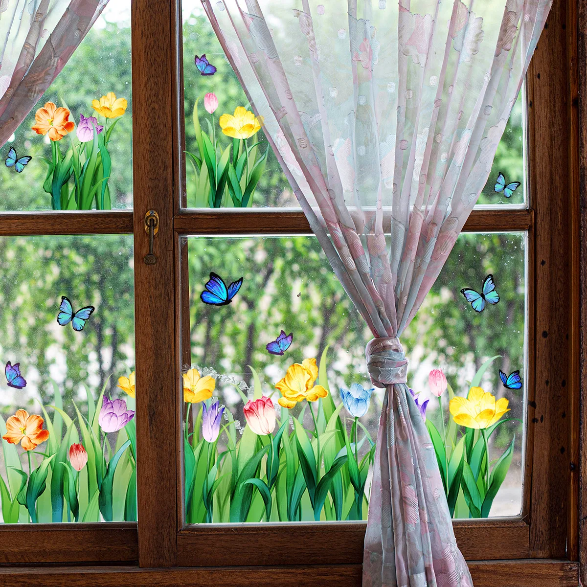 Colorful Tulip Butterfly Electrostatic Window Sticker Double Sided Visible Self-Adhesive Home Decor