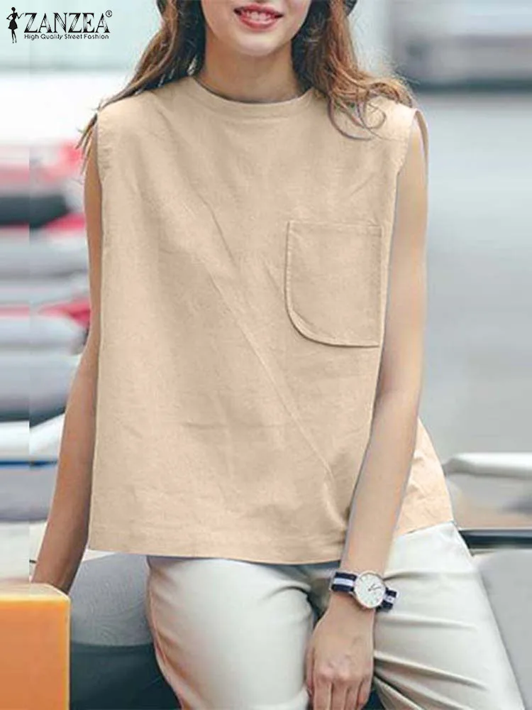 

Women Summer Sleeveless Blouse Casual Loose Tanks Tops Female Party Work Blusa Camis Mujer Fashion Solid Cotton Shirt ZANZEA