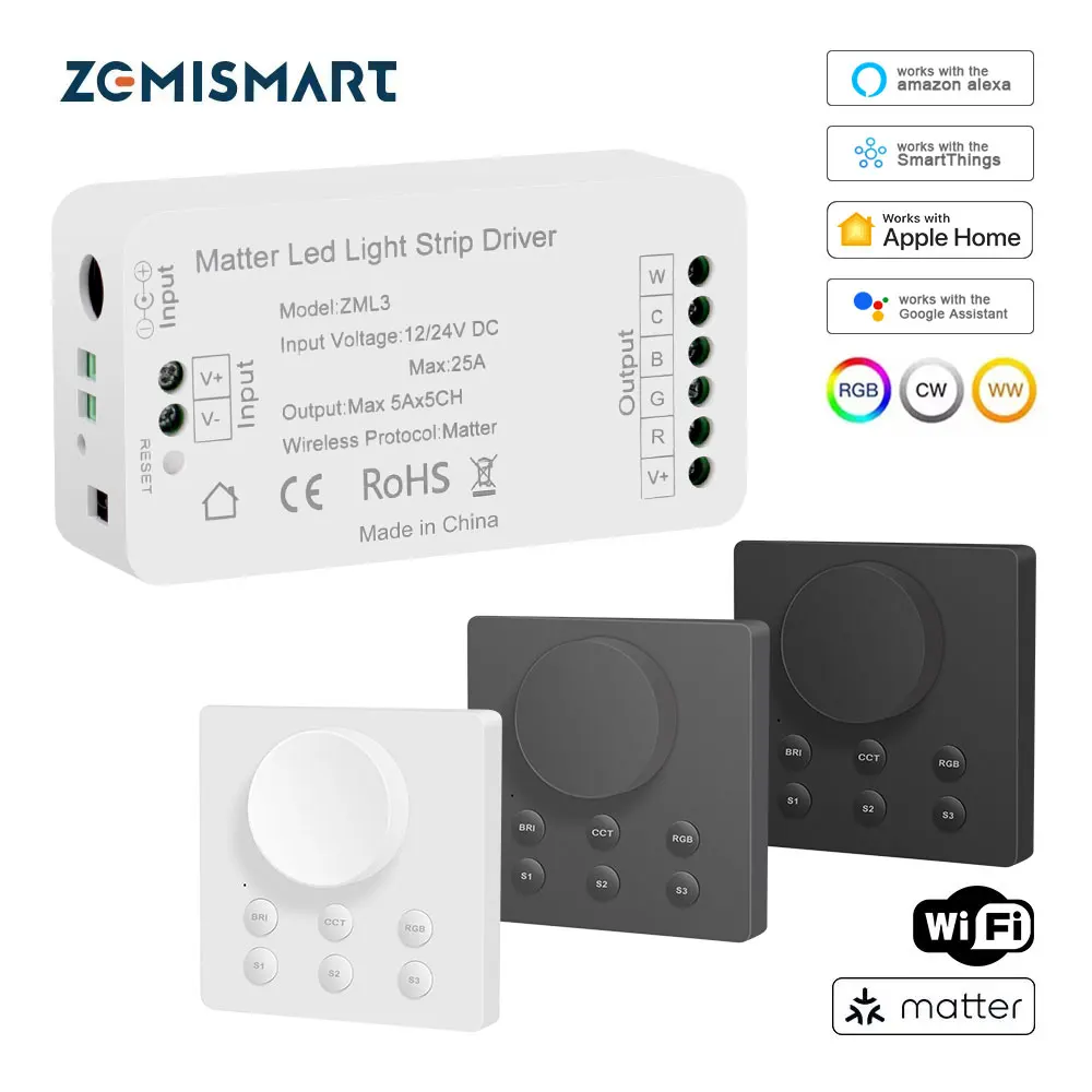 Matter Over WiFi RGBCW LED Strip Driver with Wireless Knob Switch Compatible with Tuya SmartThings Alexa HomeKit Google Home