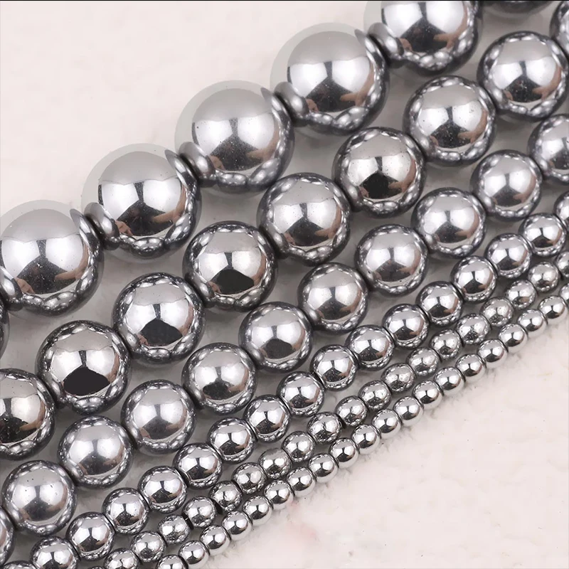Silver Hematite Round Beads - 2-10mm Non-Magnetic Natural Stone for Jewelry Making, 15'' Strand
