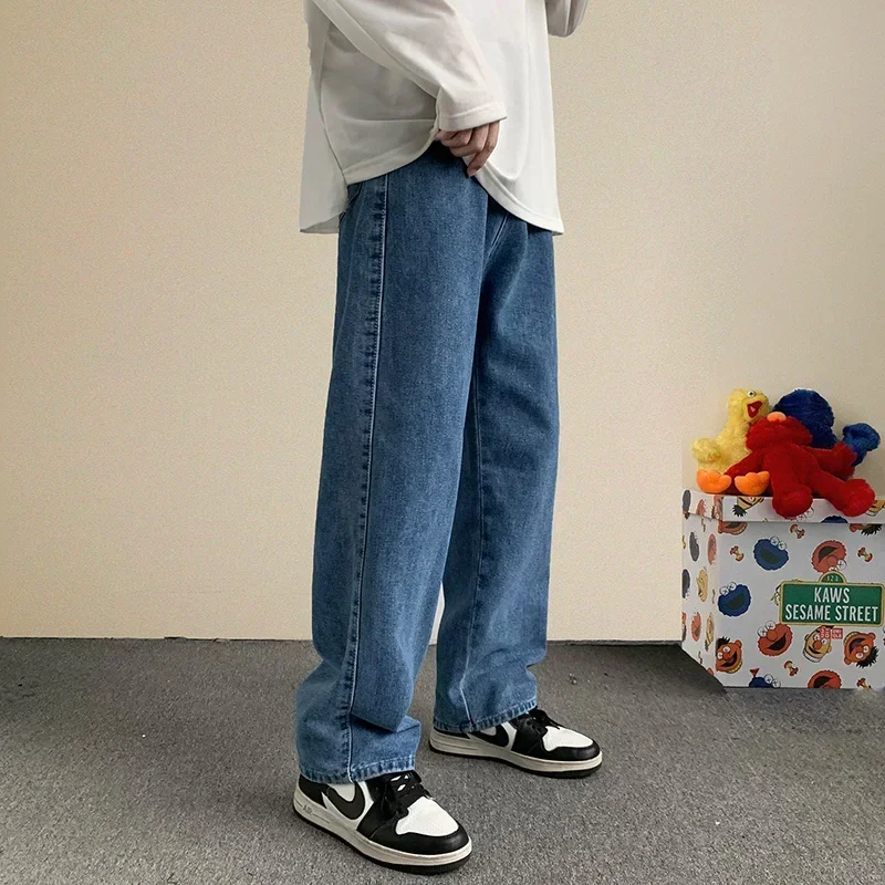 2024 New Korean Fashion Baggy Jeans Men Streetwear Loose Straight Wide Leg Pants Male Brand Clothing Black Light Blue 3