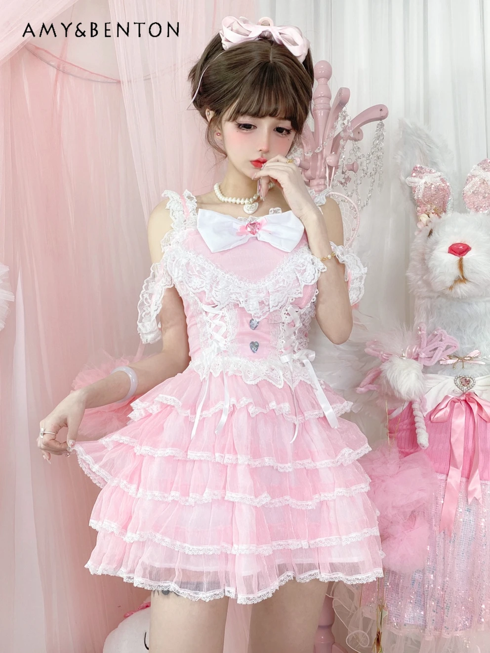Sweet Cute Heart Rhinestone Bow Crop Top Slim Multi-Layer Cake Skirt Sexy Piece Sets Kawaii Princess Girl Style Outfits Women