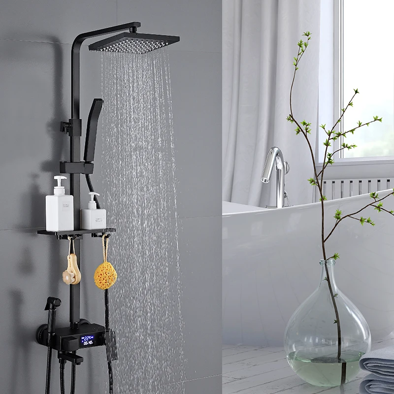Black Shower Digital Display Temperature Shower Chuveir Bathroom Accessories Sets Pressurized Hot Cold Copper Faucet