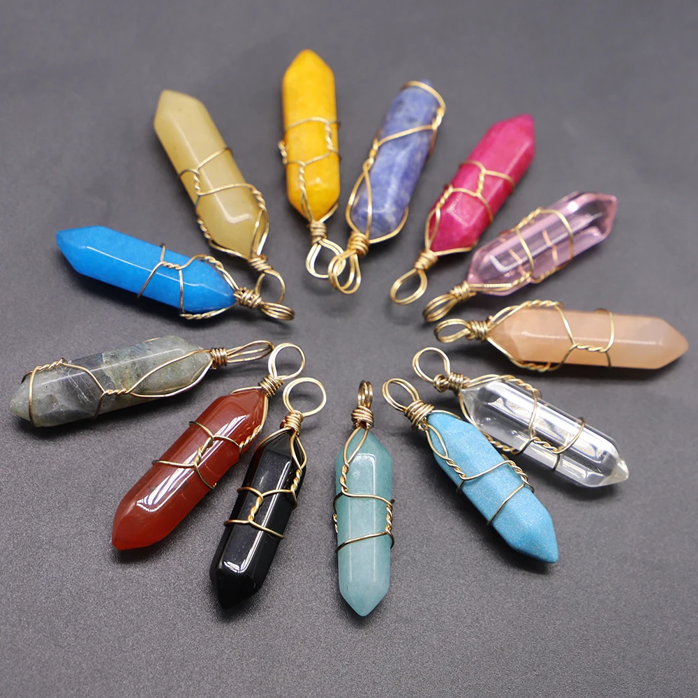 

New Natural Stone Pillar Point Hexagonal Pendants Quartz Crystal Copper Wire Winding Column Jewelry Making Necklaces Accessorie