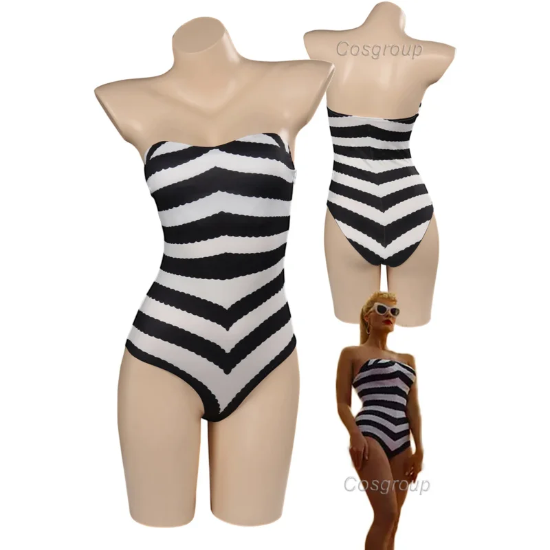 

Margot Cosplay Sexy Black White Stripped Swimsuit Summer Women Costume 2023 Movie Barbei Fantasia Halloween Beach Party Disguise